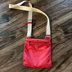 PRADA pink nylon crossbody with tan strap